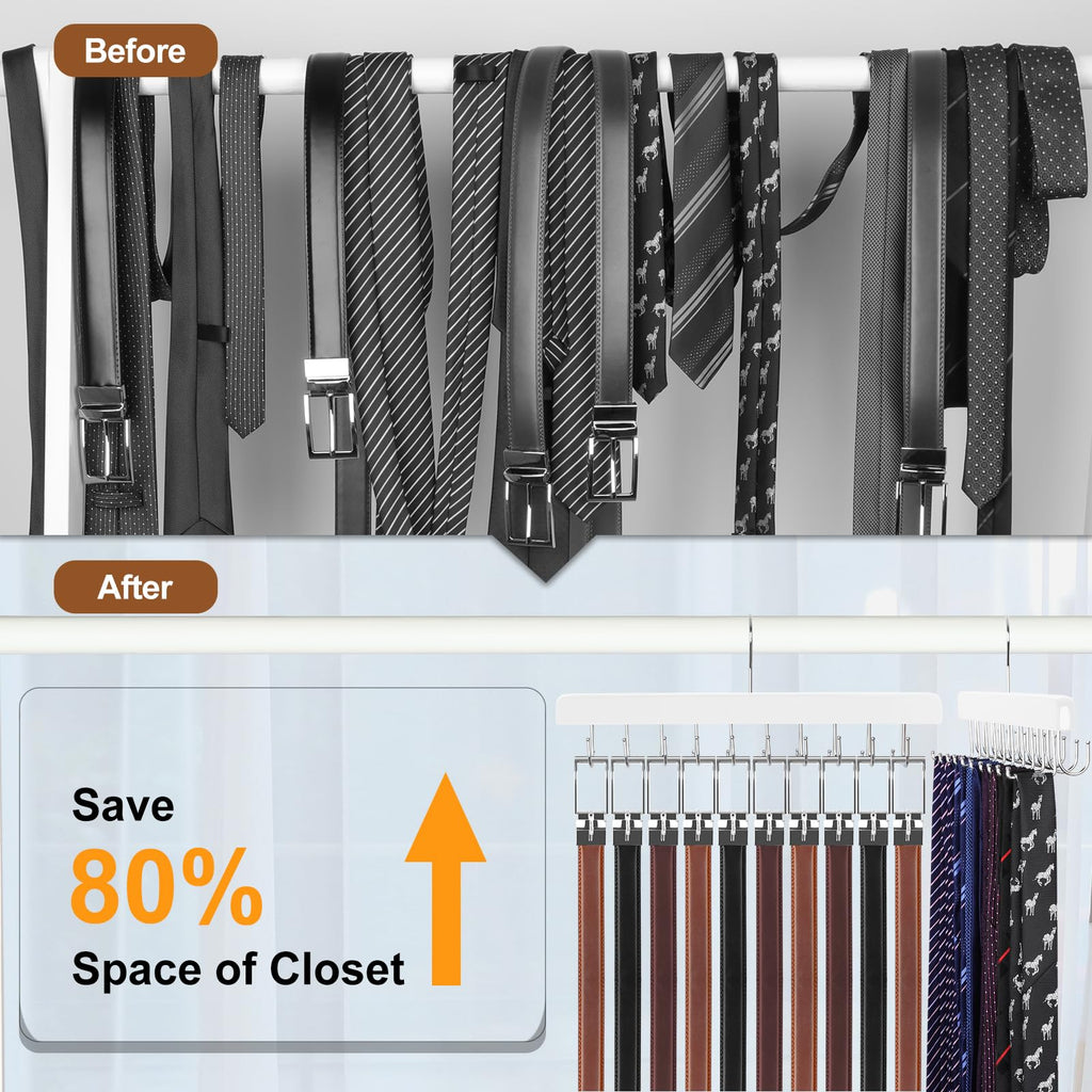 TOPIA HANGER 20 Hooks 2 in 1 Belt Tie Hanger for Closet Max 30 Belts with 30 Ties Capacity, Belt Tie Racks Wooden Hanger for Closet Organizer Storage “U” Fit for Belt and “一” Fit for Tie - CT47W