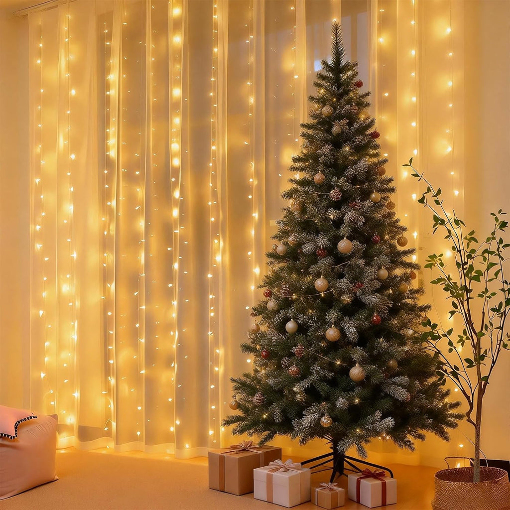 Skiennix 300LED Fairy Curtain Lights - Dimmable Twinkle Lights with Remote & Timer | 9.8ft x 9.8ft, Warm White