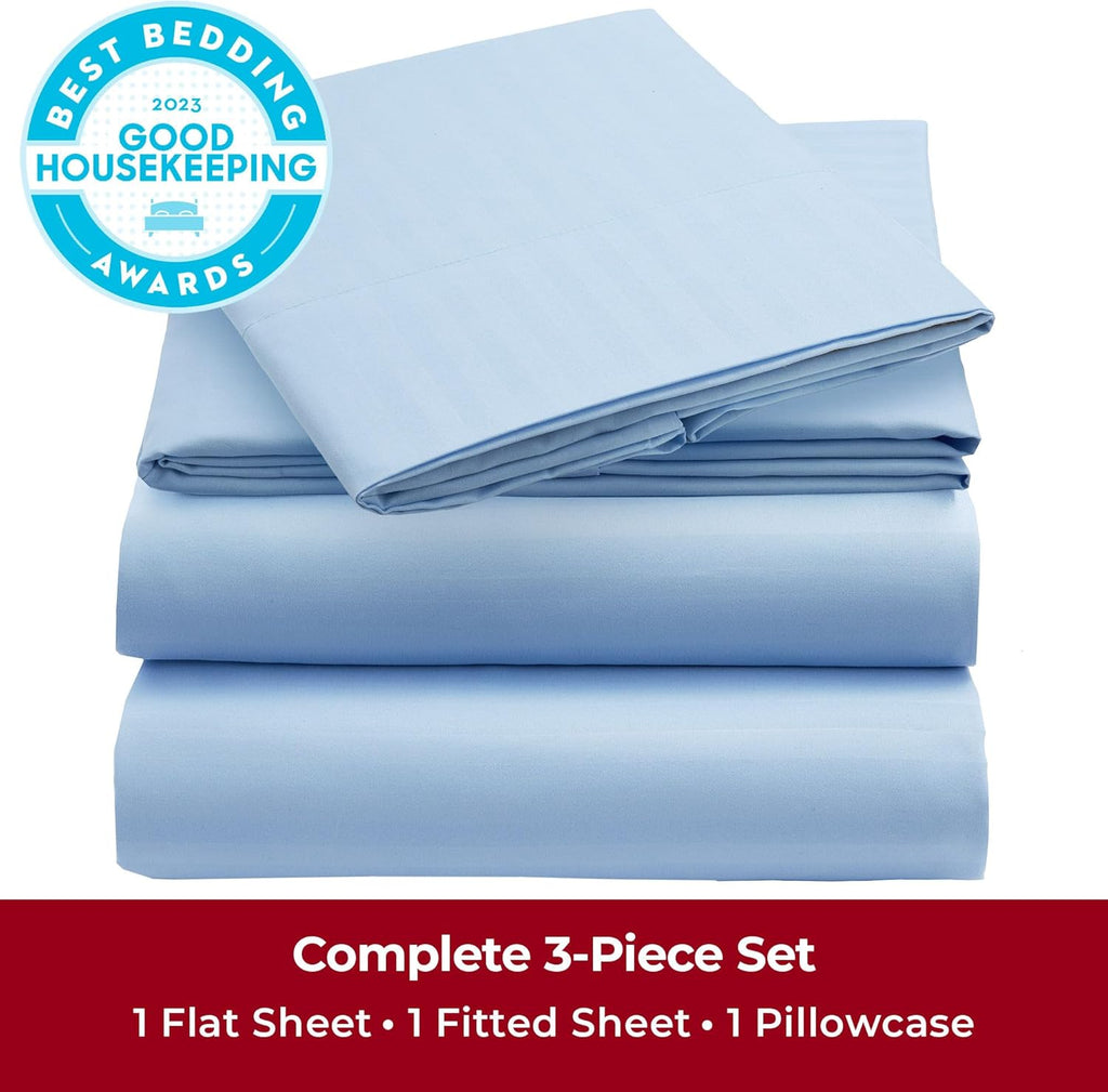 Mellanni Twin XL Sheets Set - 3 PC Hotel Luxury Bedding | Extra Soft, Cooling, Wrinkle-Resistant (Striped Light Blue)