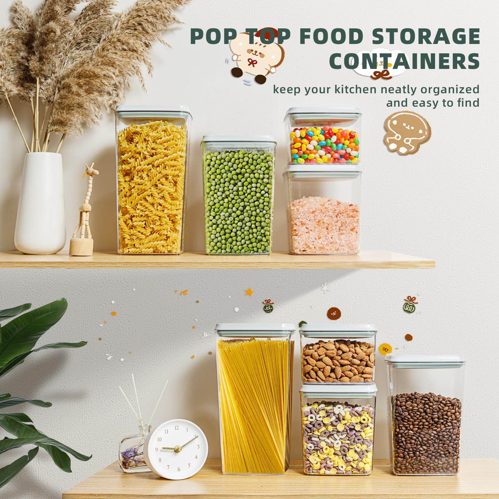 Tourdeus 8 Pack Airtight Food Storage Containers with Lids, Pop Top Pantry Organizer Set, BPA-Free Clear Stackable Kitchen Containers with Measurement Marks for Cereal, Flour, Sugar, Pasta, Snacks