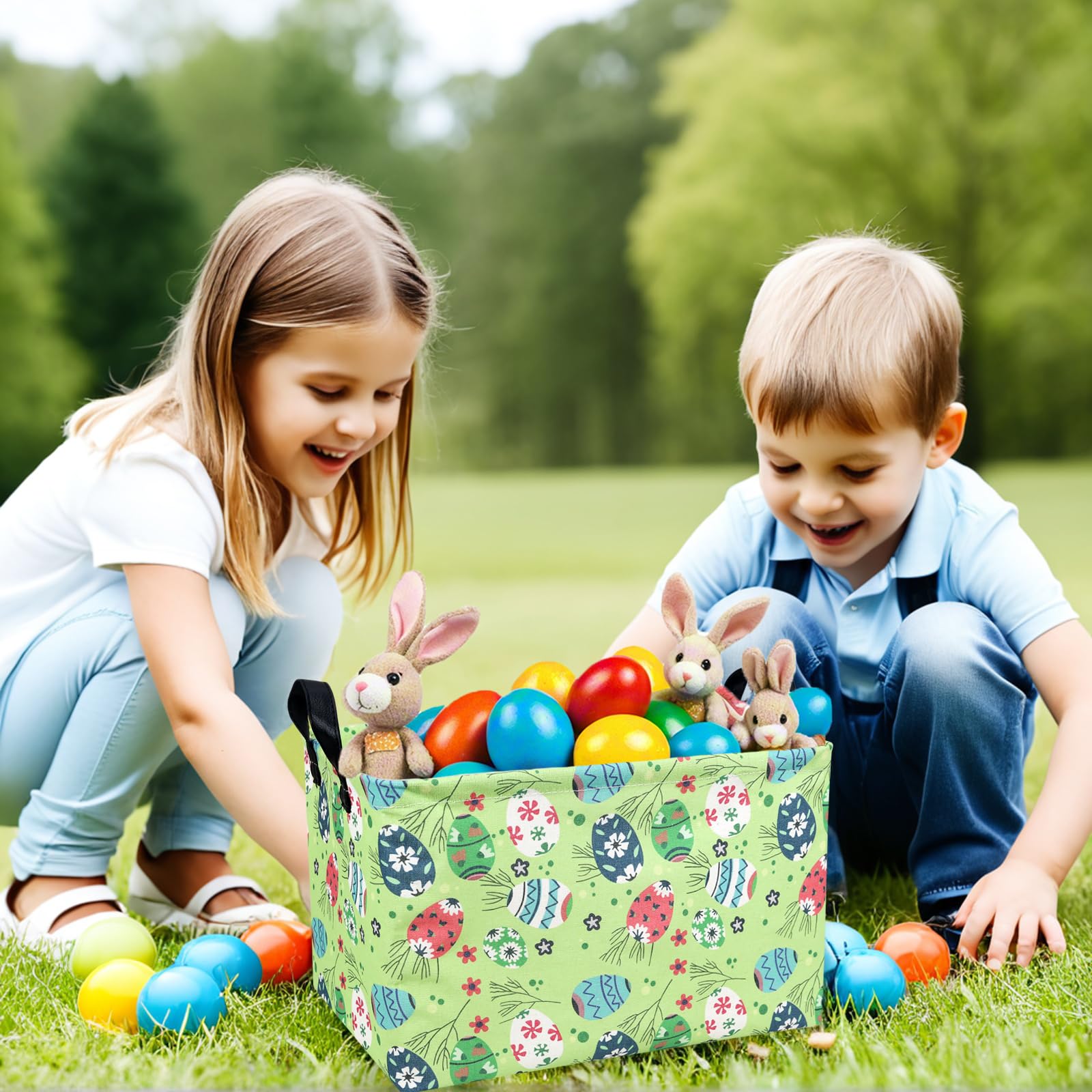 NIETEIN Kid Large Empty Easter Basket Personalized Fabric Easter Basket for Boy and Girl (Easter Egg Green Background)