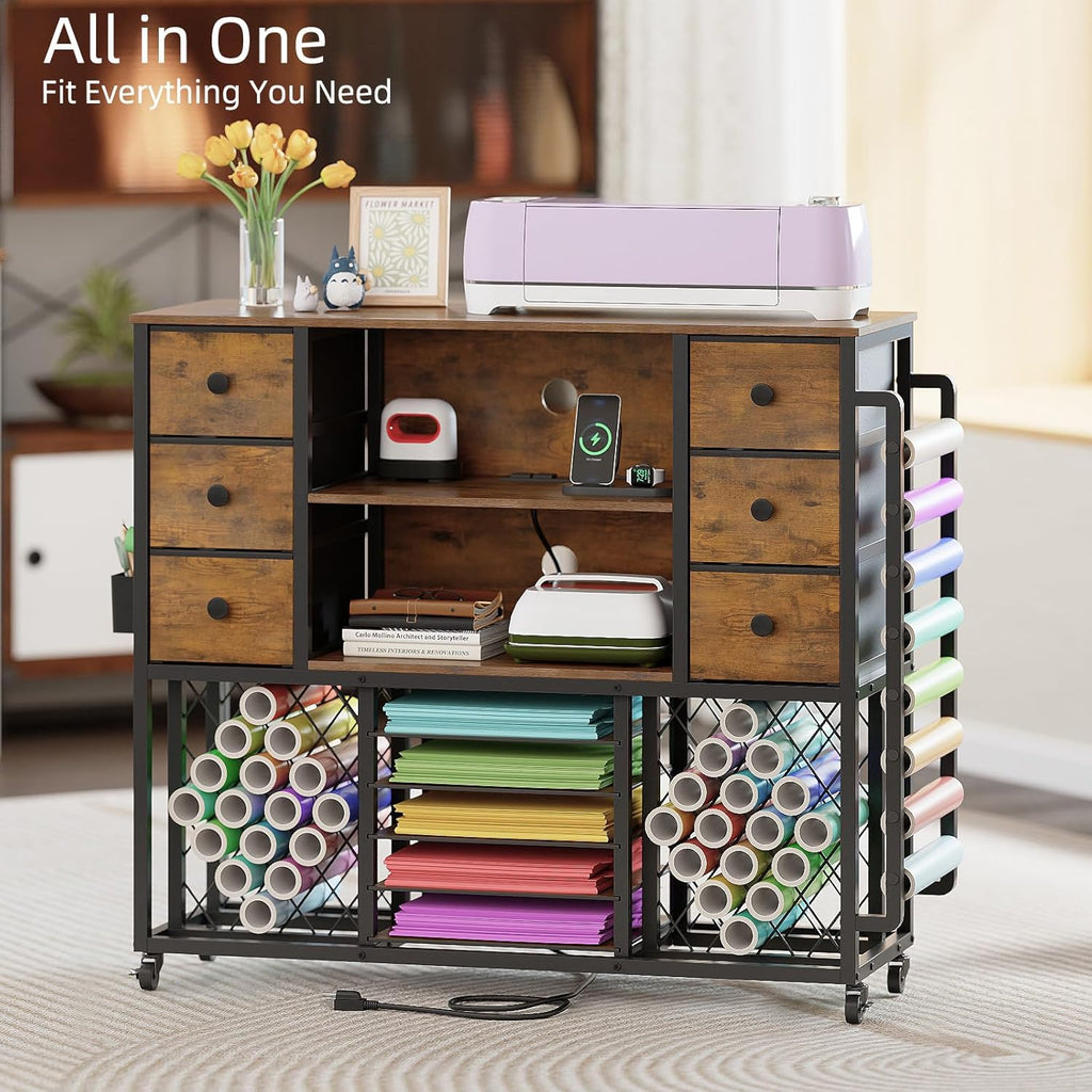 VENNQD Craft Cart - Cricut Machine Compatible Table with Charging Station & 48 Vinyl Roll Holders | Rustic Brown