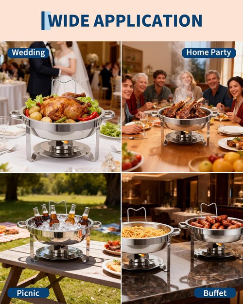 Garvee Chafing Dishes for Buffet, 5QT Buffet Servers and Warmers Set of 2, Round Chafing Dishes with Glass Lid, Stainless Steel Food Warmers for Parties, Catering Supplies for Wedding, Banquet, Silver
