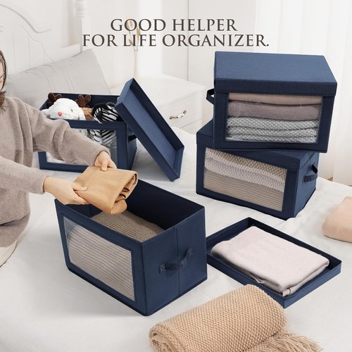 Homsorout Stackable Storage Bins - Medium Foldable Closet Organizers with Lids, 5-Pack, Navy Blue