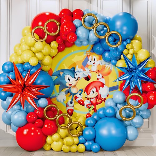 ALL-IN-1 Hedgehog Balloon Arch Kit with BONUS Rings & Starburst Balloons - Red Blue Yellow Balloons Garland for Cartoon Hedgehog Birthday Party Decorations & Party Supplies - Somic Party Decorations S