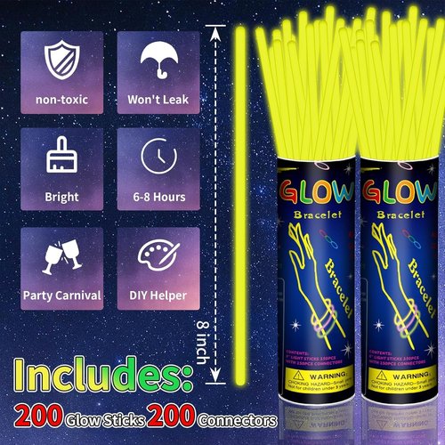Glow Sticks | 200 Pack 8'' Neon Yellow Light-Up Party Favors with Connectors for Events