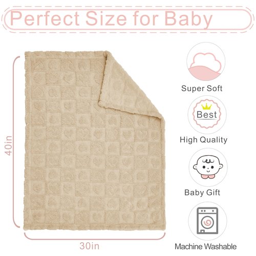 Yurhap Fleece Baby Blanket Heart Checkered, Ultra Soft Cozy Baby Blankets for Boys Girls, Fluffy Infant Toddler Newborn Receiving Gifts for Crib Stroller 30"x40" (Khaki)