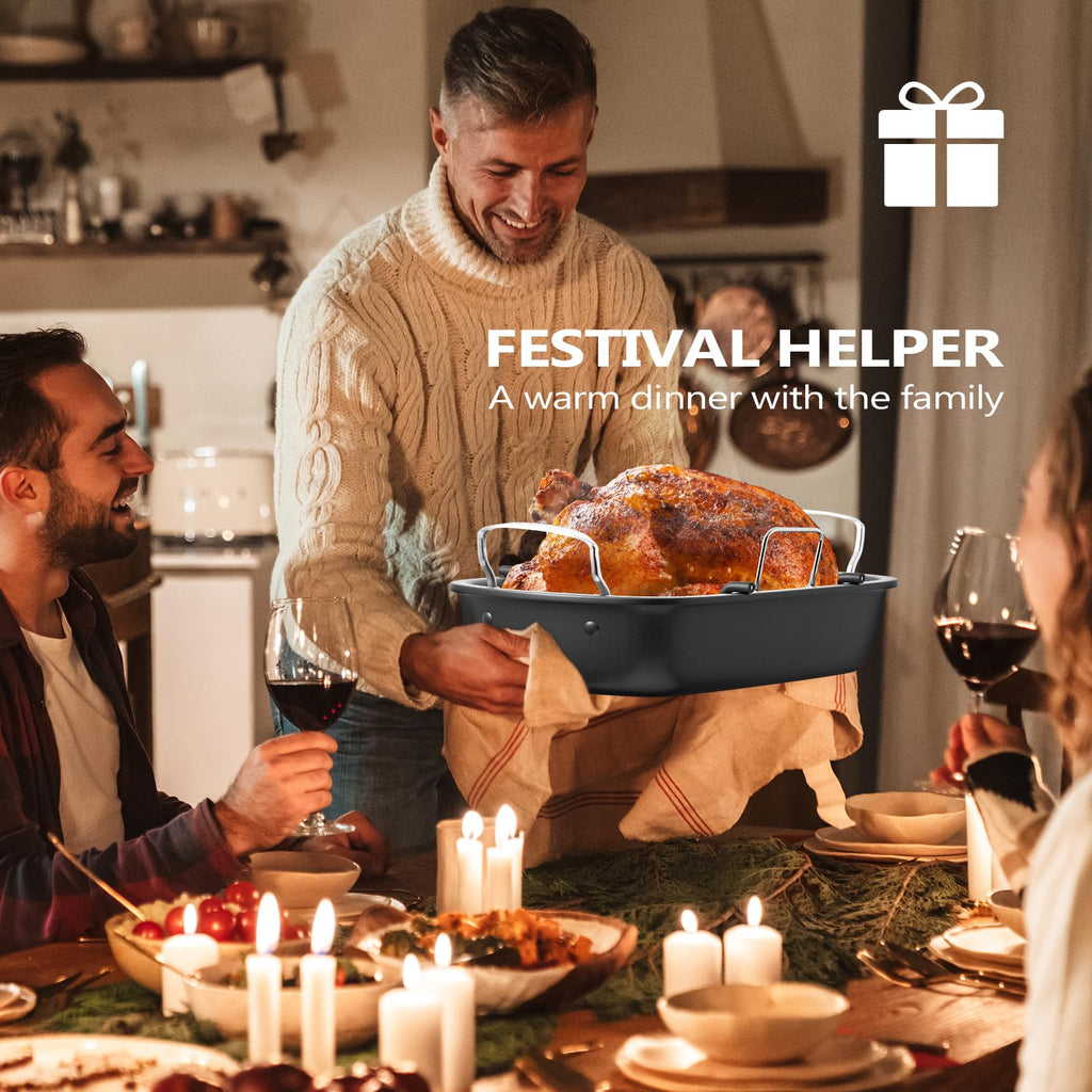 Roasting Pan, 17x13 Inch Nonstick Turkey Roaster with Removable Rack & Cooking Kit,Roaster Pan for Roasting Turkey, Meat & Vegetables (Silver)