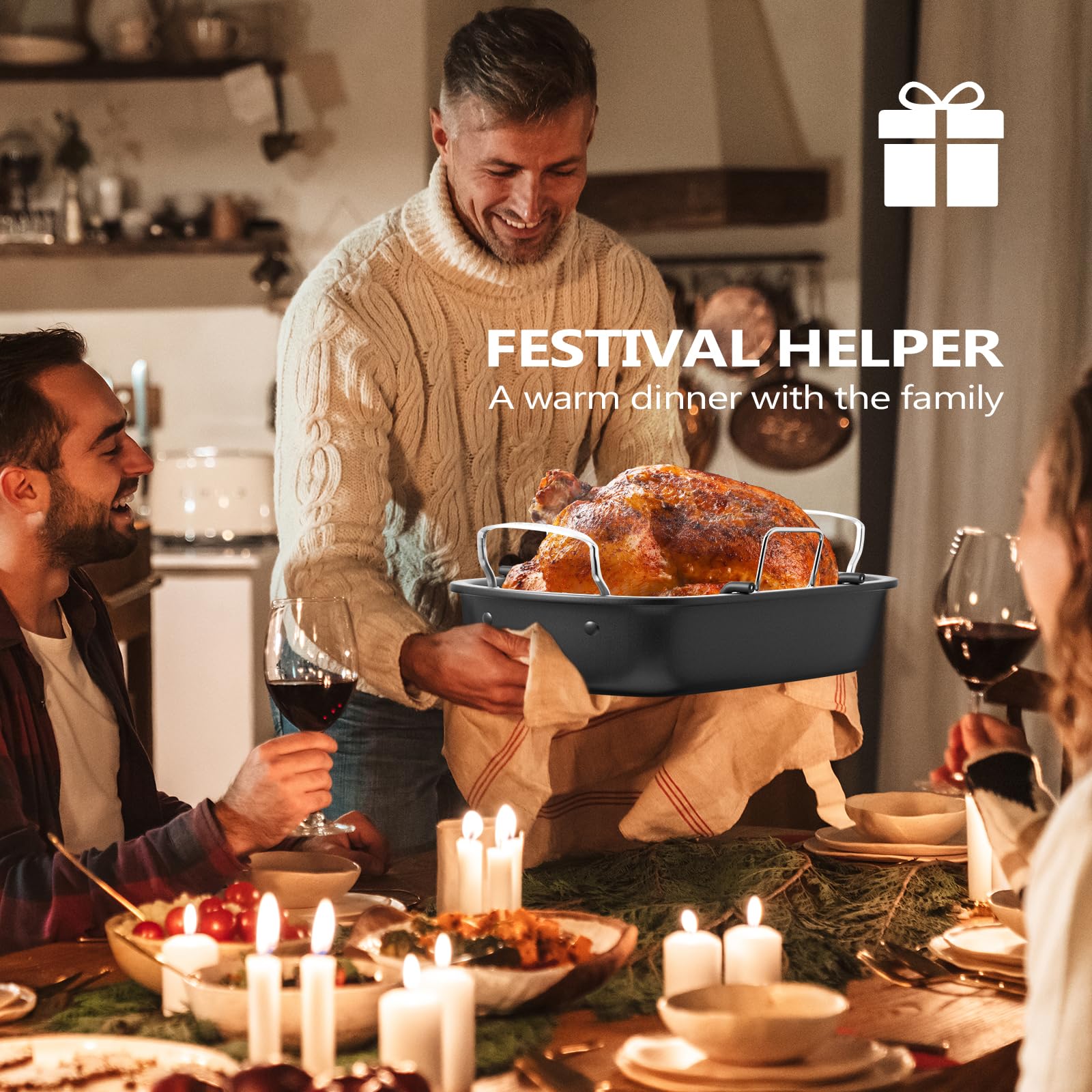 Roasting Pan, 17x13 Inch Nonstick Turkey Roaster with Removable Rack & Cooking Kit,Roaster Pan for Roasting Turkey, Meat & Vegetables (Silver)