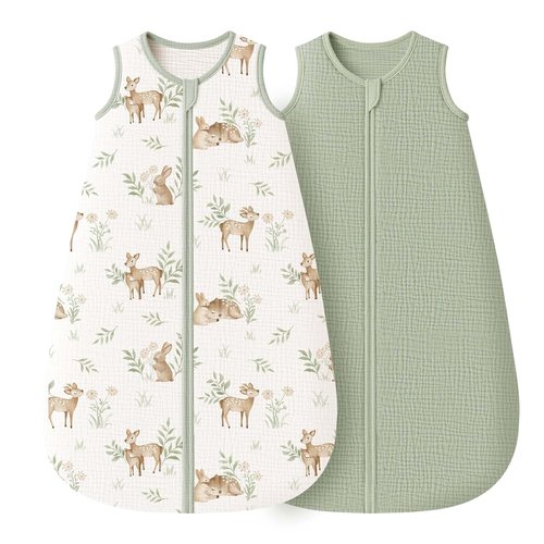 Konssy Muslin Baby Sleep Sack - 100% Cotton Wearable Blanket for 6-12 Months | 2-Pack, 2-Way Zipper, Woodland & Sage