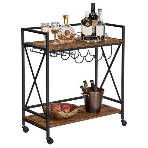 VASAGLE Bar Cart, Serving Cart, Mobile Kitchen Shelf with Glass Stemware Rack and Wine Bottle Holders, Industrial, Rustic Brown and Black ULRC088B01