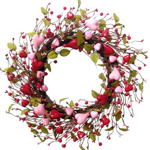 idyllic 22 Inch Valentine Green Leaf Heart-Shaped Berry Wreath, Pink Red Heart Berry Decor for Front Door Mantel Table Window Wall Wedding Porch Indoor Dinner Gift