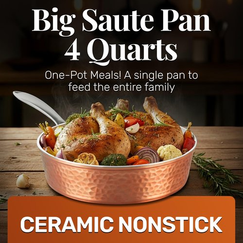 GOTHAM STEEL 4 Qt Saute Pan with Lid, Large Nonstick Skillet for Cooking, 12” Hammered Deep Frying Pan, Family Sized Pans, Ceramic Coating for Sauce, Induction Ready Oven & Dishwasher Safe, Non Toxic