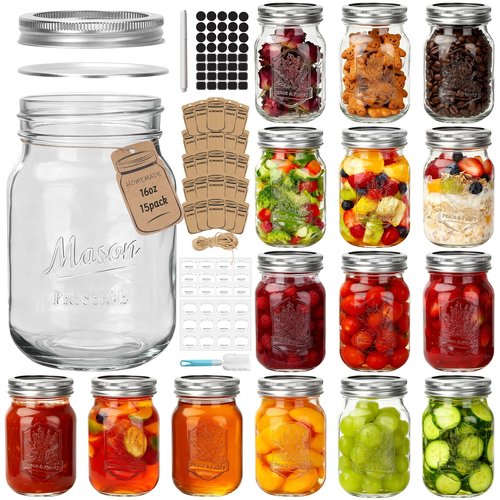 CycleMore 16oz Mason Jars, 15 Pack Embossed Glass Canning Jars with Lids and Bands, Overnight Oats Containers for Canning, Pickling, Food Storage, DIY Projects