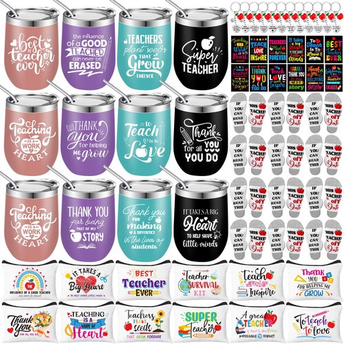 Lemosae 60 Pcs Teacher Appreciation Gifts Set, Teachers Day Gifts Bulk 12 Wine Tumbler 12 Makeup Bags 12 Mini Notepads 12 Socks 12 Keychains Graduation Students Thanks Teacher Gift(Classic)