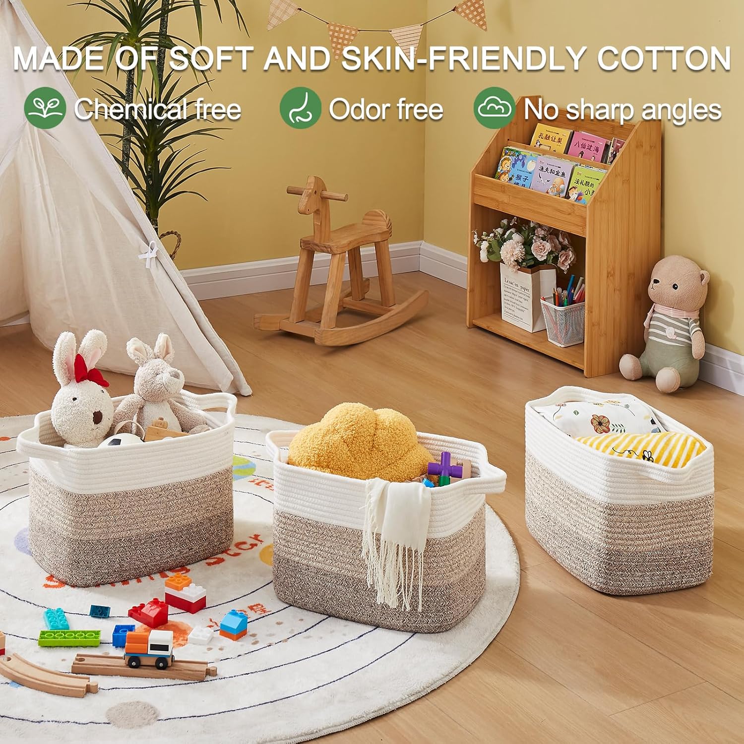 OIAHOMY Woven Storage Baskets - Cotton Rope Baskets for Toys & Towels | Pack of 3, Gradient Yellow