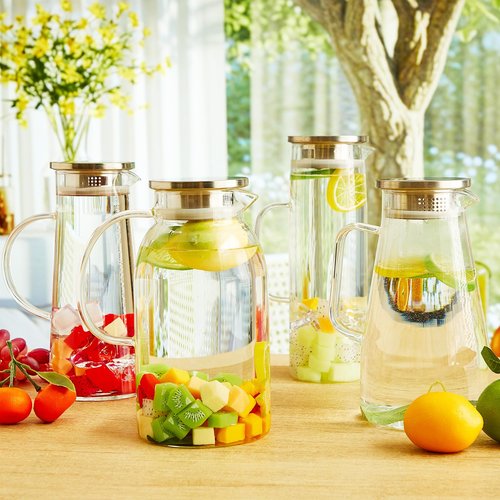 Didaey 4 Pcs 1.5/1.8/2 Liter Glass Pitcher with Lid and Spout Heat Resistant Glass Water Carafe with Handle for Hot/cold Beverages Large juice Jug for Juice Coffee Iced Tea, 51oz, 61oz, 68oz