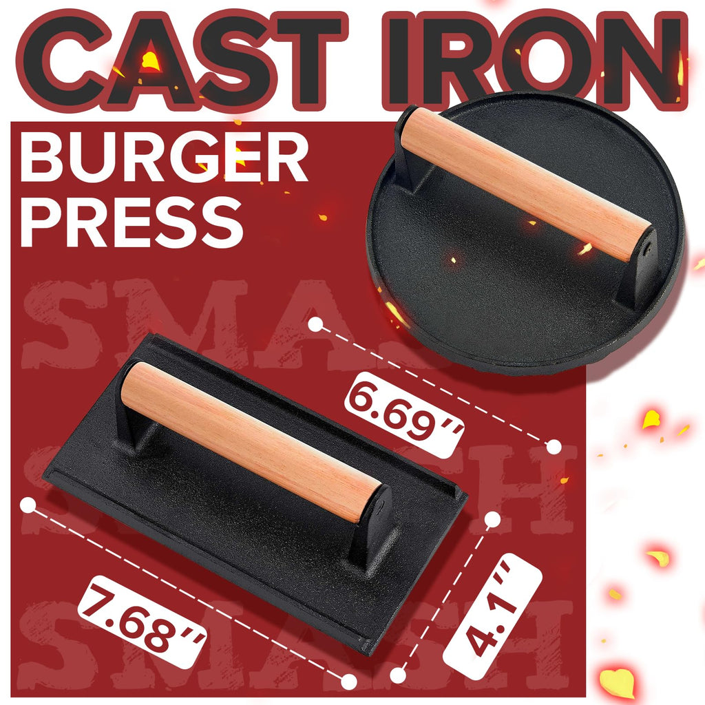 Grilliance Smash Burger Press Kit, 3 in 1 Hamburger Press Patty Maker, Black Cast Iron Burger Press Round & Rectangle, 100pcs Wax Paper for Grill, Griddle, Flat top, Kitchen, Cooking