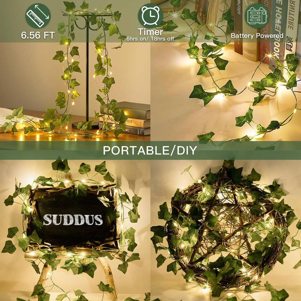 Suddus Ivy Vines String Lights - 20 LED Battery Operated Fairy Lights with Timer | 6.56FT Warm White Decor for Bedroom, Garden, and Events