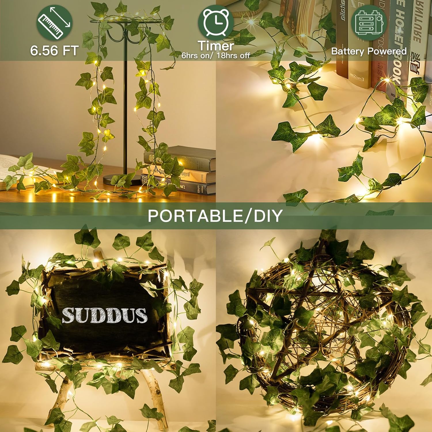 Suddus Ivy Vines String Lights - 20 LED Battery Operated Fairy Lights with Timer | 6.56FT Warm White Decor for Bedroom, Garden, and Events