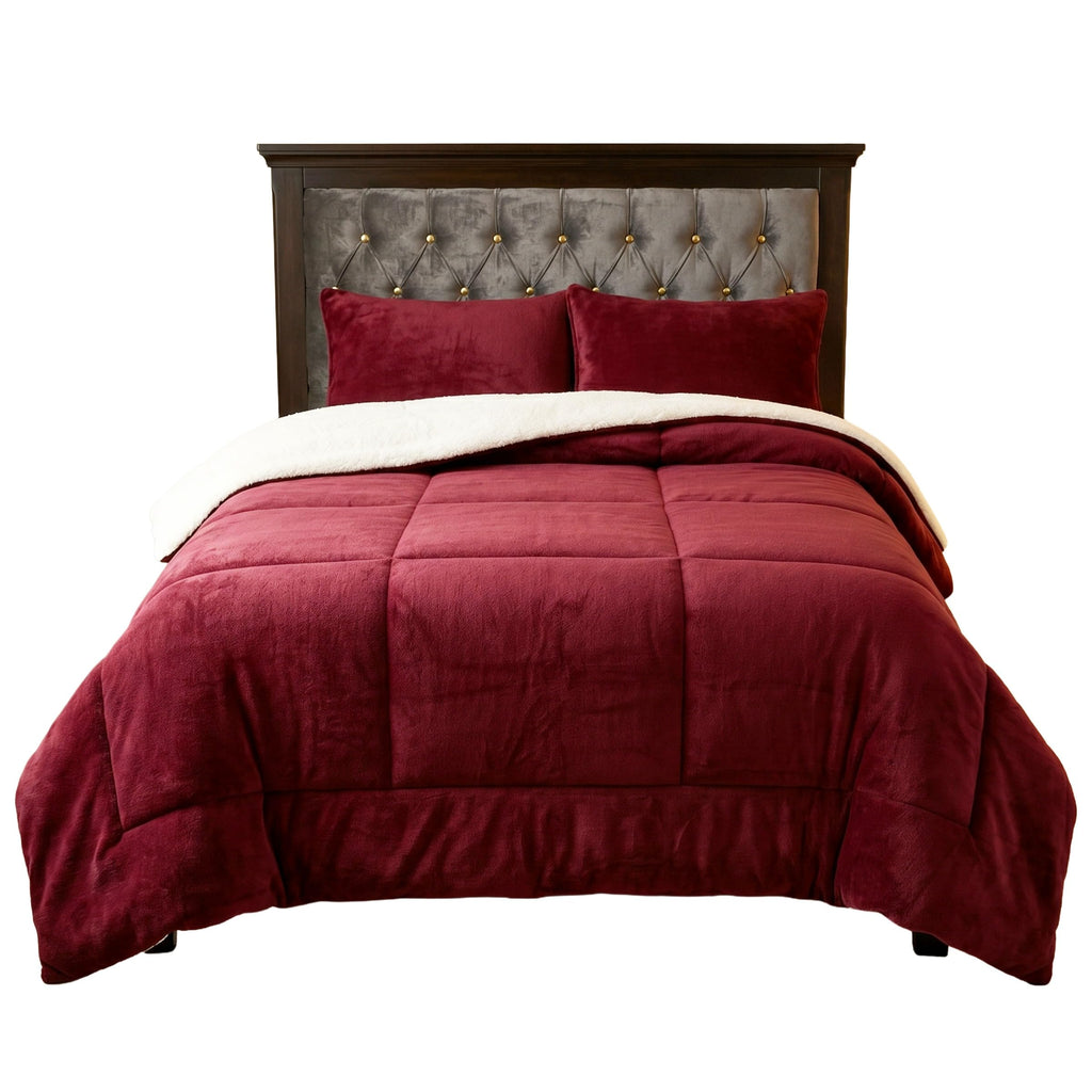Lavish Home 3 Piece Sherpa/Fleece Comforter Set, King, Burgandy