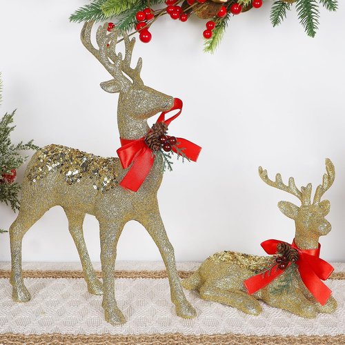 Juegoal Glitter Golden Reindeer Figurines - Set of 2 Christmas Tabletop Decorations | 12.6" Plastic Ornaments