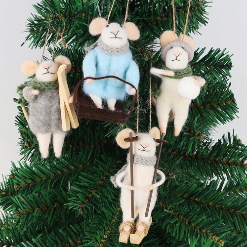 Juegoal Felt Skiing Mice Ornaments - Set of 4 Cute Winter Decor for Christmas Tree & Wreath