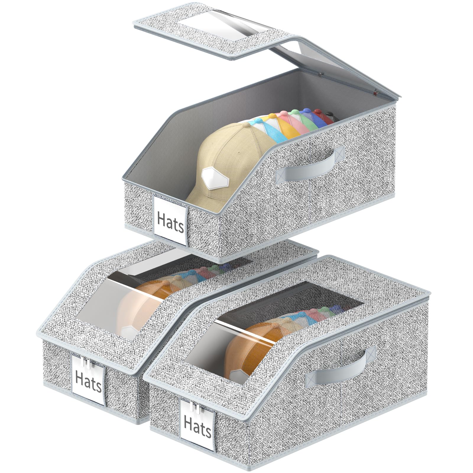 3 Pack Stackable Hat Organizer for Baseball Caps, Hat Storage with Clear Window Lid, Holds up to 45 Ball Cap Storage Organizer, Foldable Hat Box Holder with Cardboard, for Closet Bedroom Shelf(Grey)