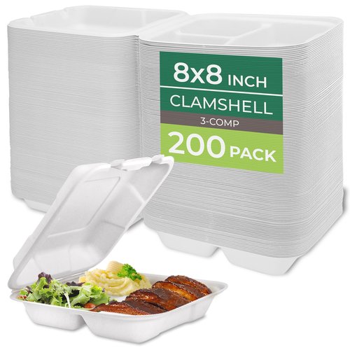 Freshware Clamshell Food Containers with Lids [8x8"] 3-Compartment 200-Pack, Disposable To Go Containers, Biodegradable Sugarcane To Go Boxes - Paper Containers - Microwave & Freezer Safe, Stackable