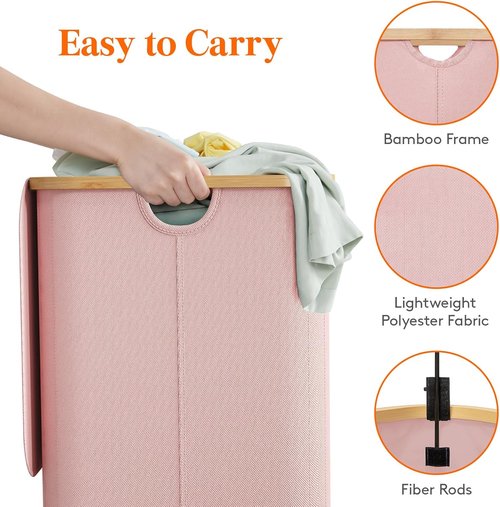 Lifewit 150L Laundry Basket - Foldable Hamper with Lid & Bamboo Handles | Pink, Removable Bags