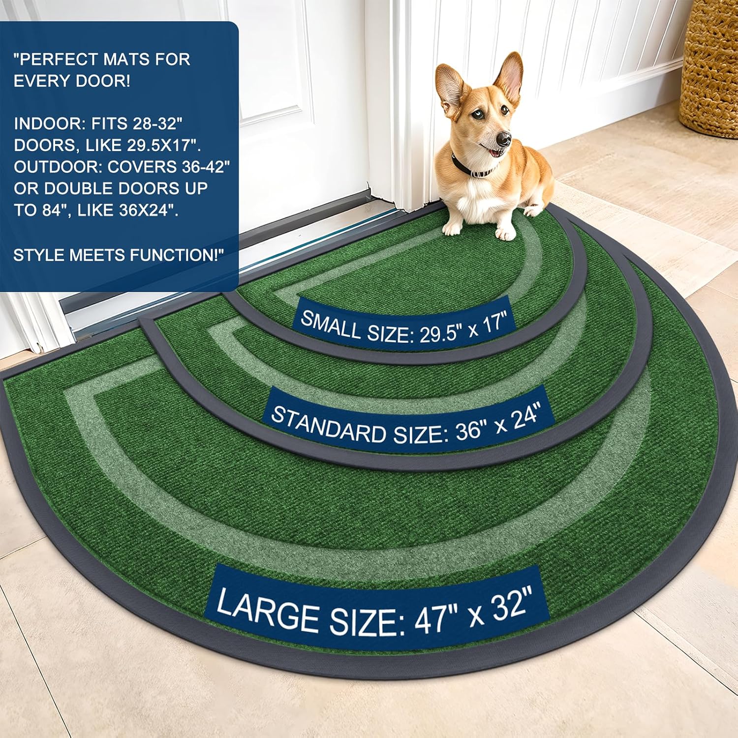 OLANLY Half Circle Door Mat - Waterproof All-Season Indoor/Outdoor Doormat | Easy Clean 47x23 Green