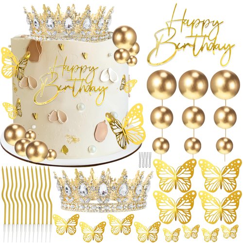AMZVALU Crown Cake Topper, Gold Happy Birthday Cake Toppers Crown Balls Candles Butterflies, Corona Para Pastel, Cake Decorations for Women Princess Queen Wedding Party Decorations (Gold, White)