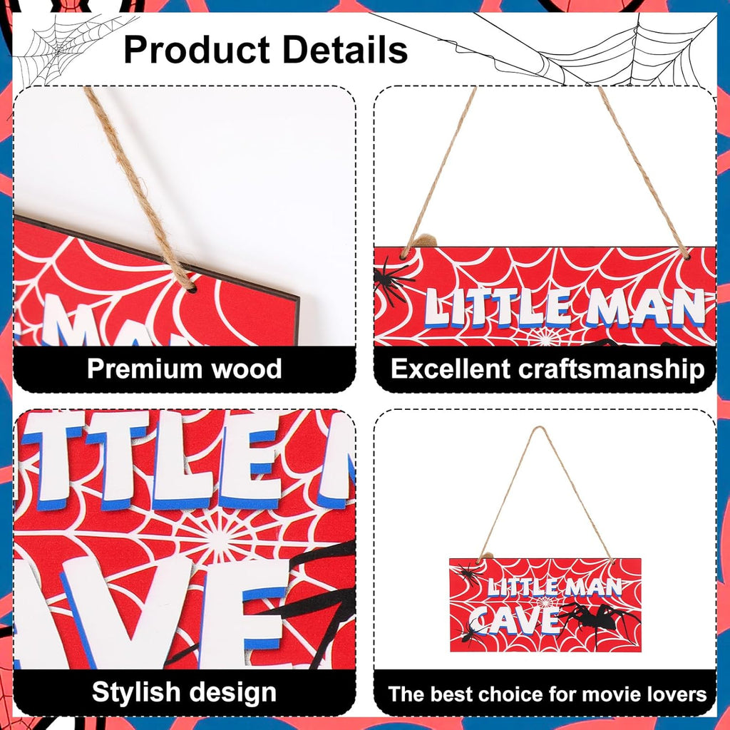 Spider Door Sign - 12x6in Red Wooden Nursery Decor | Spider Web Wall Art for Boys' Rooms