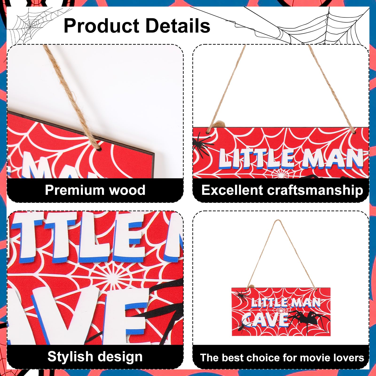 Spider Door Sign, 12x6in Red Wooden Spider Web Nursery Room Decor Little Man Cave Signs with Rope Wall Art Room Decoration for Boys Men
