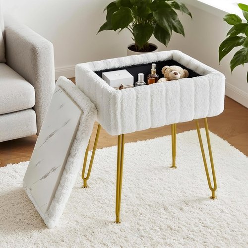 FUXA Vanity Stool Chair with Storage, White Faux Fur Makeup Chair with 4 Metal Legs and Anti-Slip Feet, Soft Padded Seat, Small Footrest Footstool Ottoman, Multifunctional Stool for Bedroom