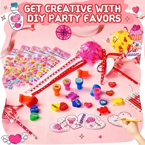 JOYLOKY 240pcs Stationery Set Valentines Day Gifts for Kids Classroom Exchange with Giant Lollipop, 24 Pack Valentines Day Cards for Kids School Party Favors Prizes Goodie Bag Stuffers