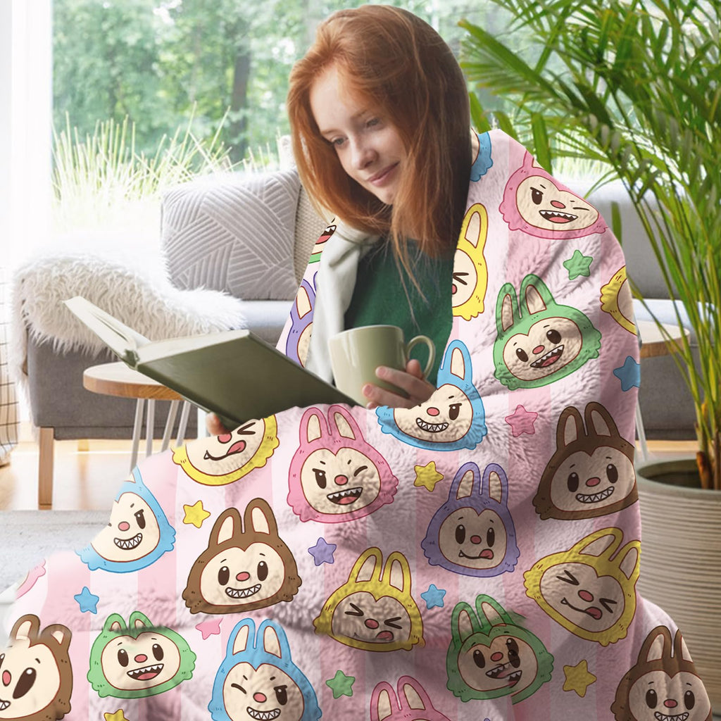 Pycat Cute Macaron Flannel Throw Blanket, Monster Stars Birthday Gifts for Men Women Adults, Stripes Soft Blankets for Bedding Sofa 50 x 60 Inches