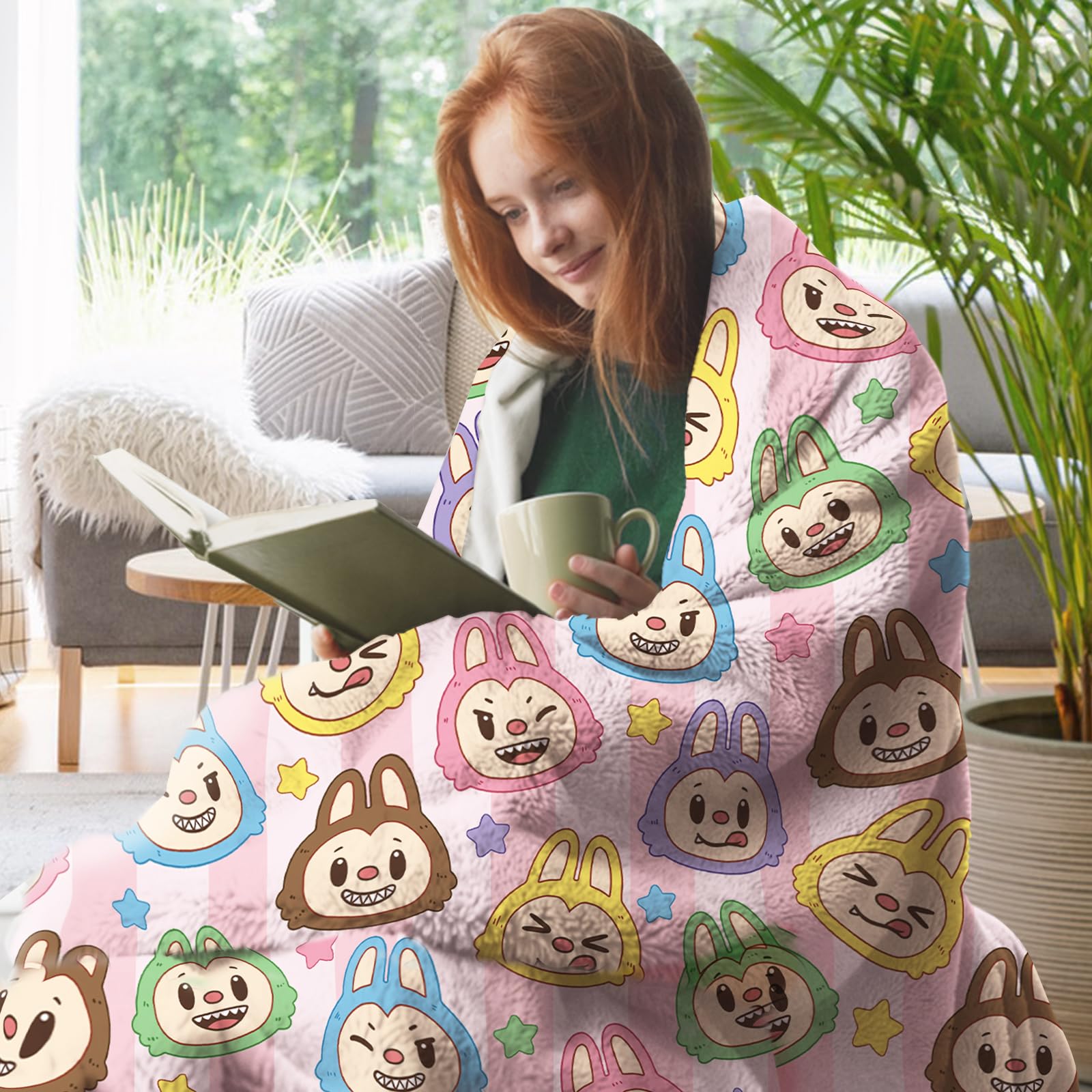 Pycat Cute Macaron Flannel Throw Blanket, Monster Stars Birthday Gifts for Men Women Adults, Stripes Soft Blankets for Bedding Sofa 50 x 60 Inches