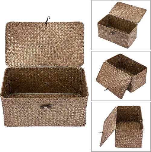 Hipiwe Wicker Shelf Baskets - Handwoven Seagrass Storage Bins with Lid | Medium Coffee Color