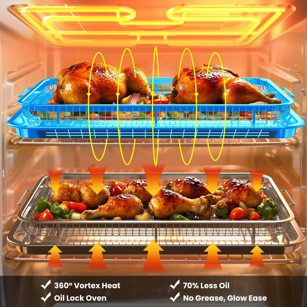 Xumilas Extra Large Air Fryer Basket for Oven, 18.7"x12.8" Stainless Steel Baking Pan & Crisper Tray, Fits Whole Chicken, Commercial-Grade Oven Air Fryer with 30 Parchment Papers, Dishwasher Safe