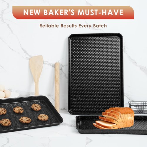 Baking Sheet Pan Set of 3, Nonstick Carbon Steel Cookie Sheets with Texture, Commercial Half/Quarter/Jelly Roll Pans Replacement Toaster Oven Tray, Heavy Duty & Easy Clean, Black