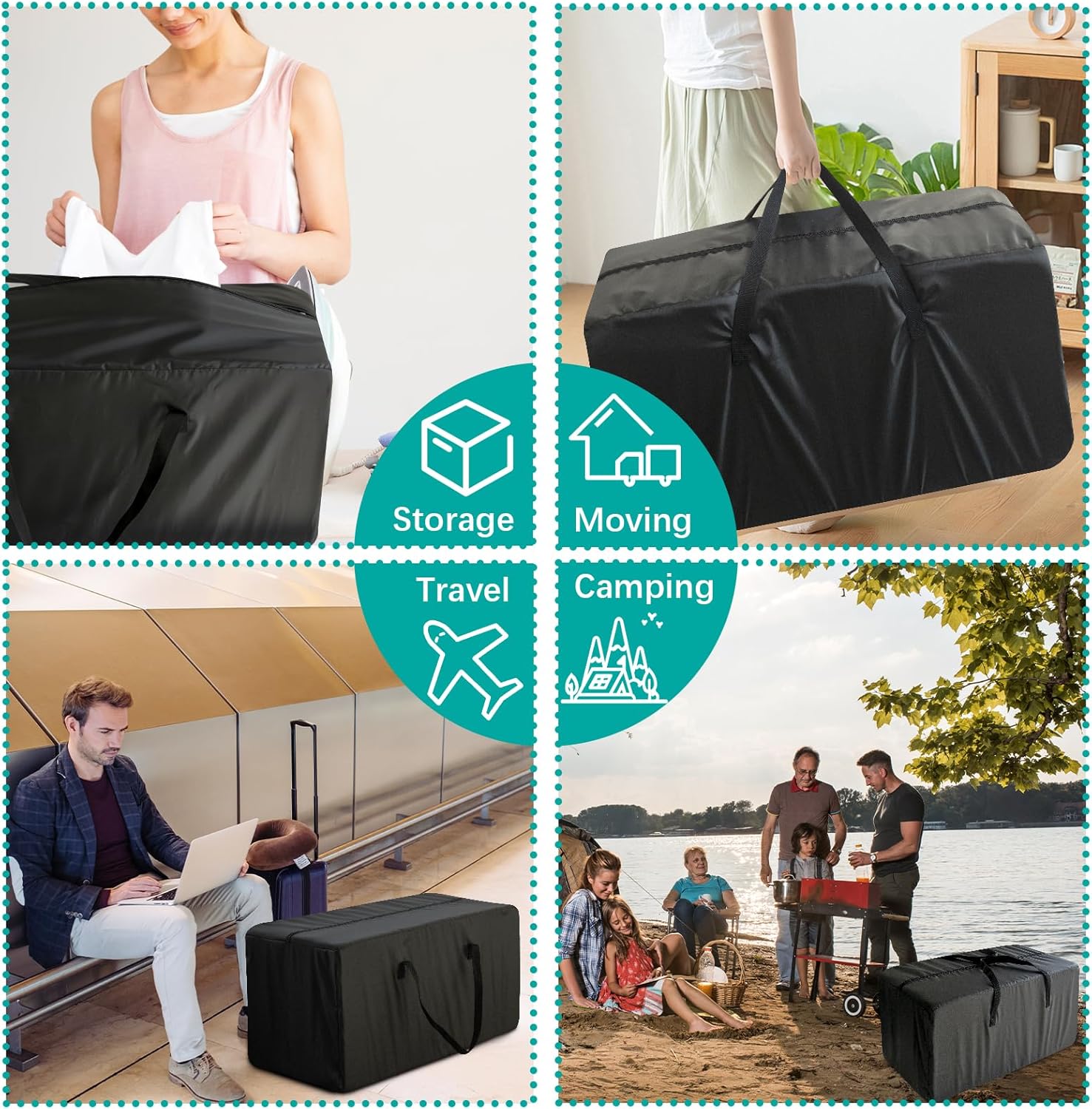Skiennix Heavy Duty Moving Bags - Reinforced Zipper & Handles for Sturdy Storage | 6 Pack, Black