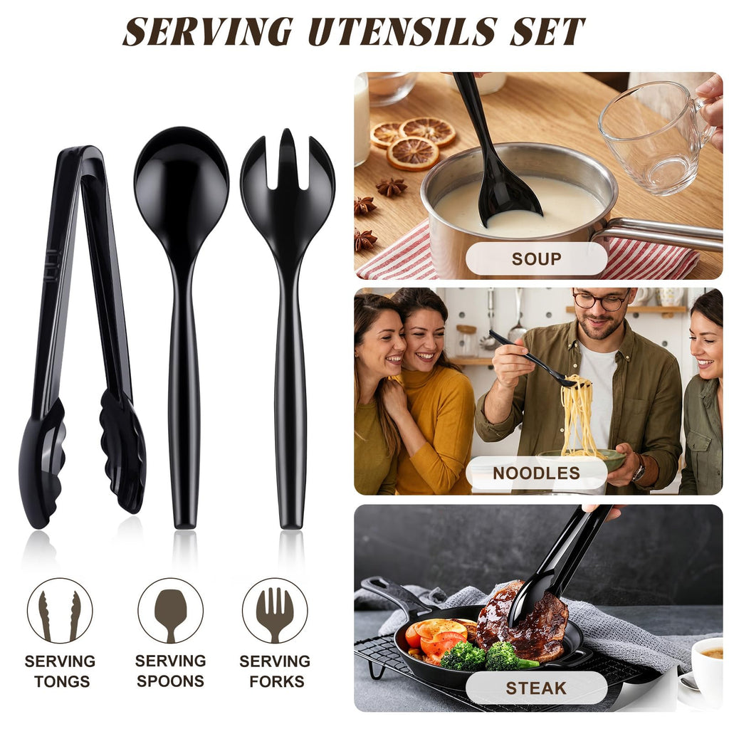 Mwellewm 18Pcs Serving Utensils, 10'' Plastic Serving Utensils Set, Disposable Serving Spoons for Buffet, Large Serving Tongs for Food, Heavy Duty Party Supplies for Salad Soup Cooking Catering(Black)