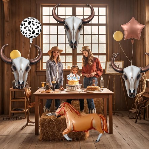 CrazyJan 2PCS Western Long Horn Cow Balloons Cowboy Longhorn Foil Balloons for Cowgirl Party Ranch Birthday Last Rodeo Bachelorette Wild West Baby Shower Decorations 25.6"x31.5"