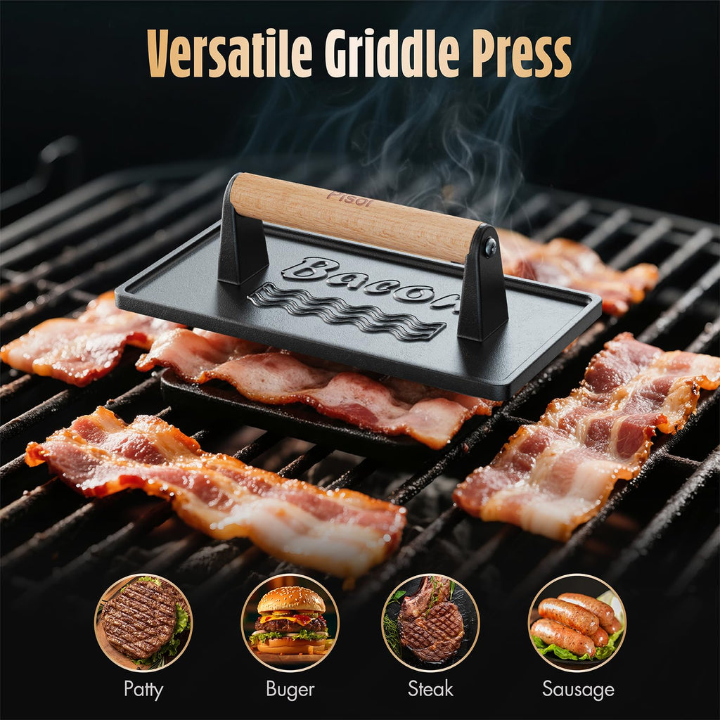 Pisol Bacon Press Smash Burger Press, Pre-Seasoned Cast Iron Hamburger, 2 lb Heavy-Duty Grill Bacon Meat Press Tool with Wood Handle