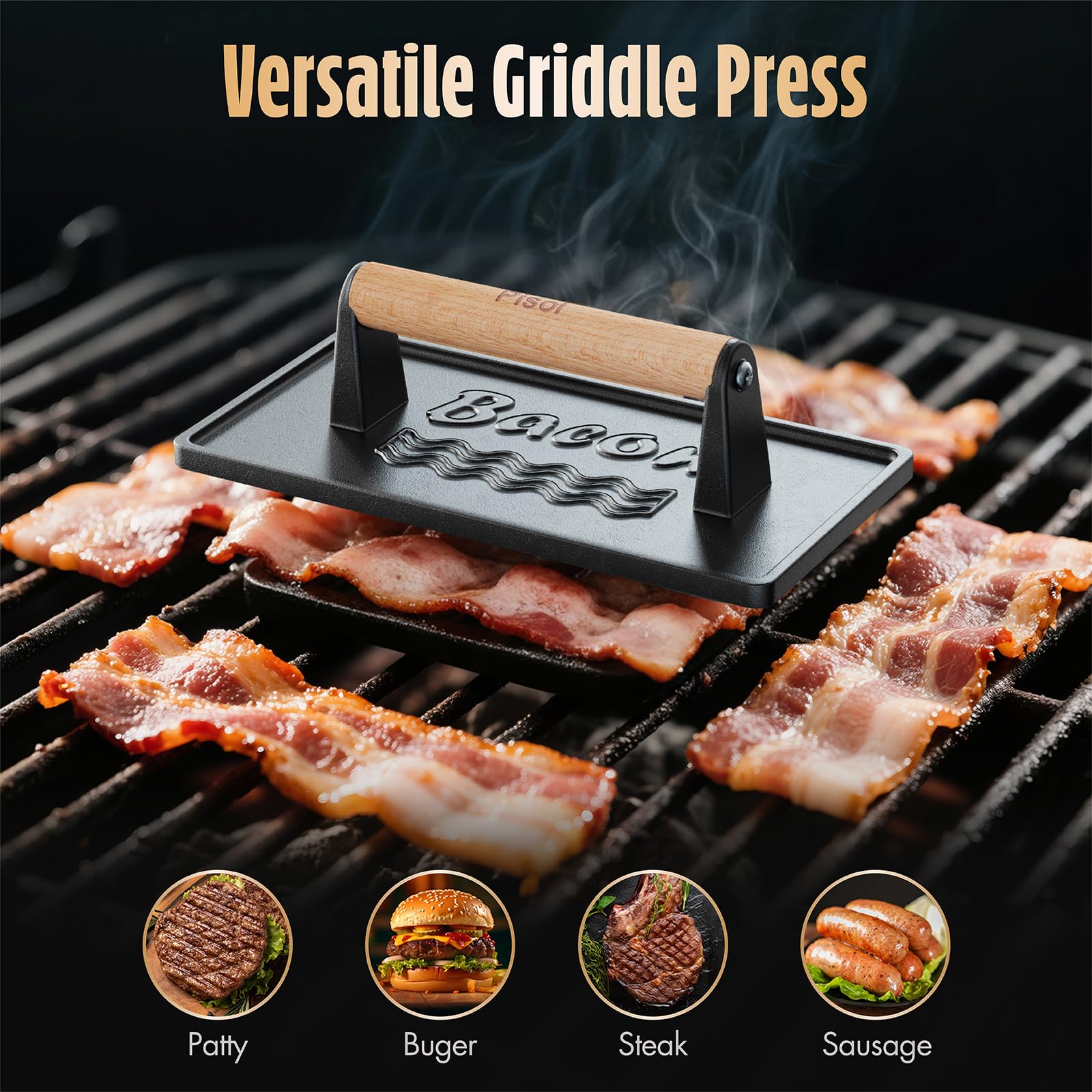 Pisol Bacon Press Smash Burger Press, Pre-Seasoned Cast Iron Hamburger, 2 lb Heavy-Duty Grill Bacon Meat Press Tool with Wood Handle