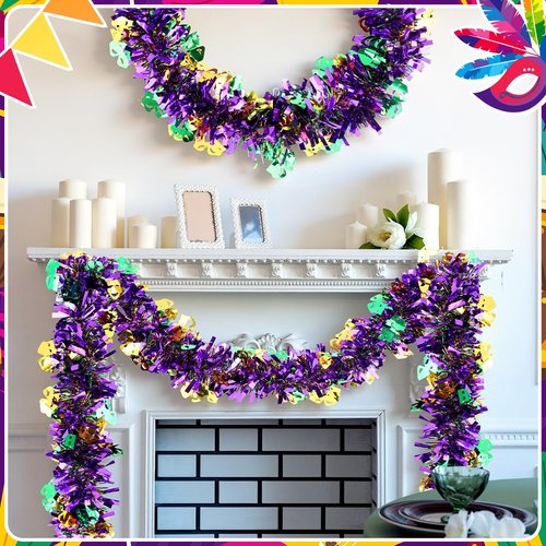 Daifunli 2 Pcs 80 ft Mardi Gras Tinsel Garland Decoration Gold Green Purple Metallic Twist Fringe Tinsel Glittering Hanging Carnival Garland for Mardi Gras Indoor Outdoor Float Home Party Deocoration