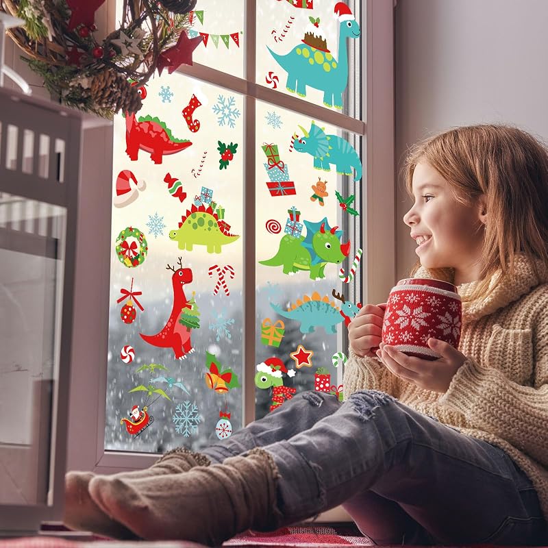 Christmas Window Clings Set - 9 Sheets Dino & Snowflake Reusable Window Decals