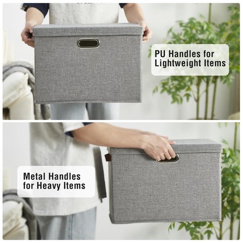 Roobyl 17" Large Collapsible Storage Bins with Lids, Stackable Closet Organizers with PU Handle and Labels, 3-Pack Decorative Fabric Storage Boxes for Home, Bedroom, Closet, Office, Nursery(Gray)
