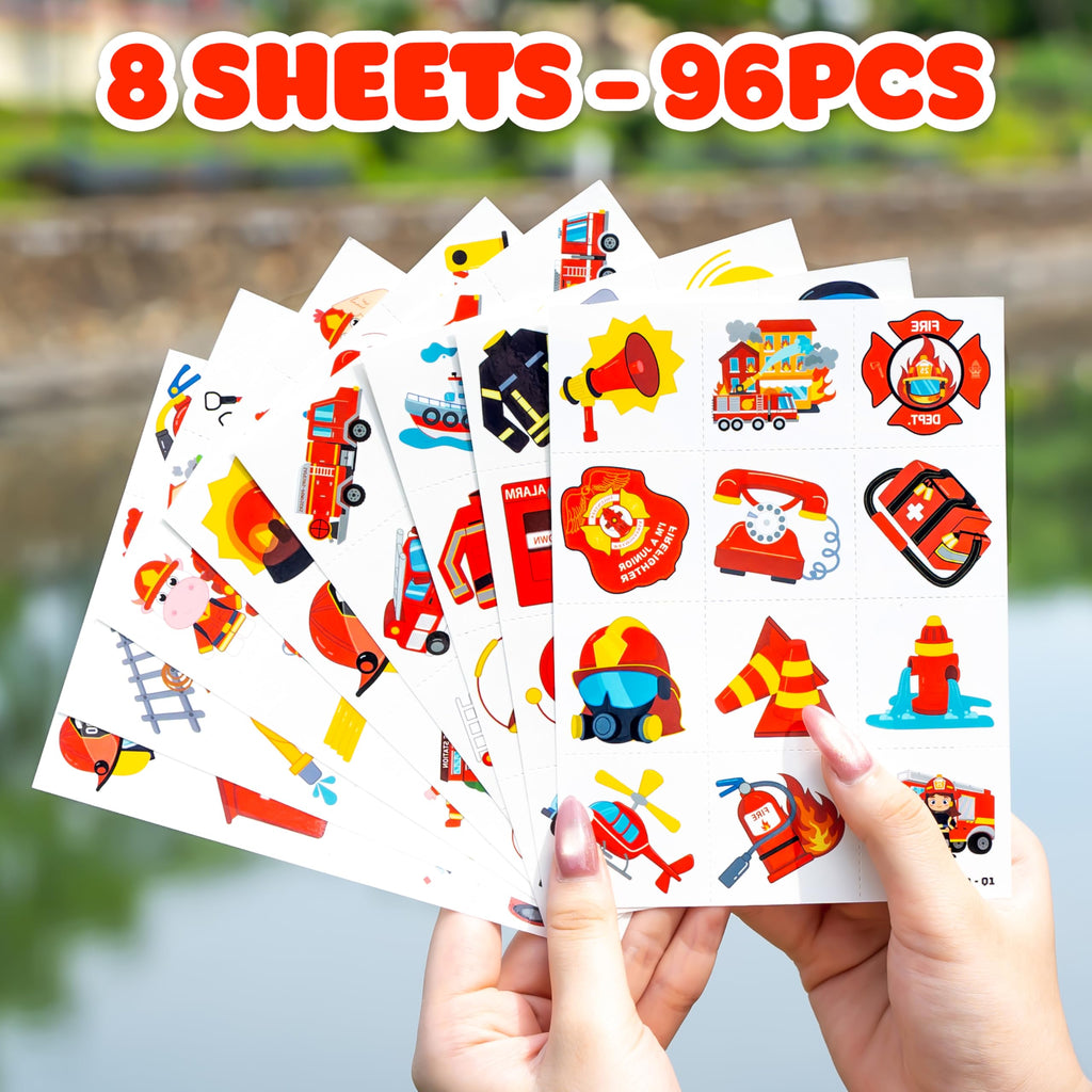 96 PCS Firefighter Firetruck Pre-Cut Temporary Tattoos for Kids | Super Cute Themed Birthday Party Favors,Goodie Bags Fillers, Supplies, Decorations, Fake Tattoo Stickers (Multiple)